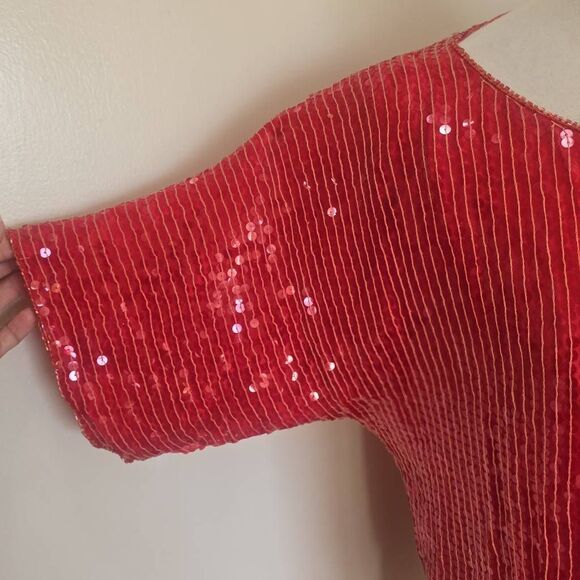 Vintage Jean for Joseph le Bon 100% Silk Red Sequin Short Slv. Blouse, NWT, S - Picture 3 of 10